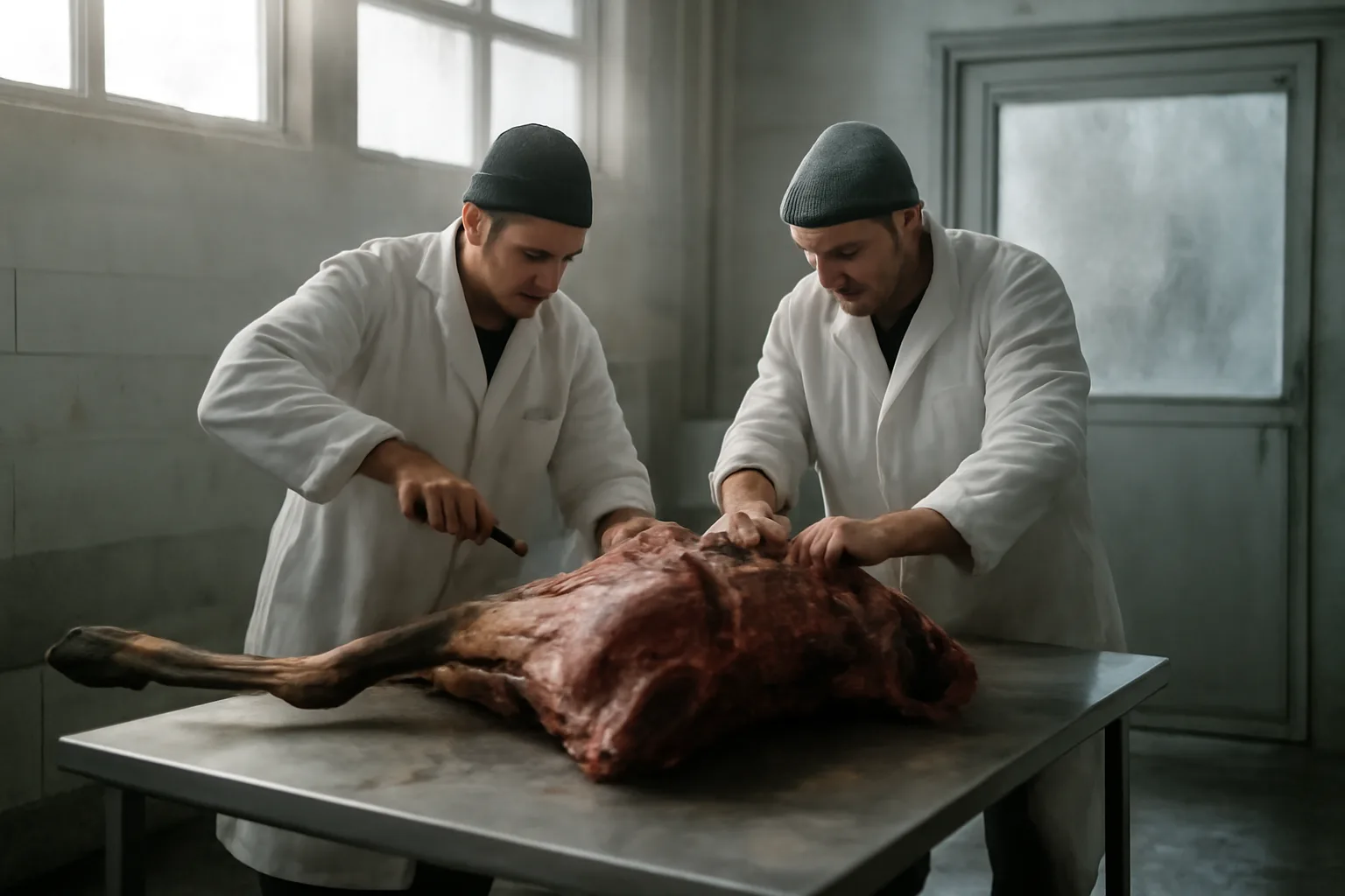 Butchers cutting elk meat in a Colorado cut and wrap room