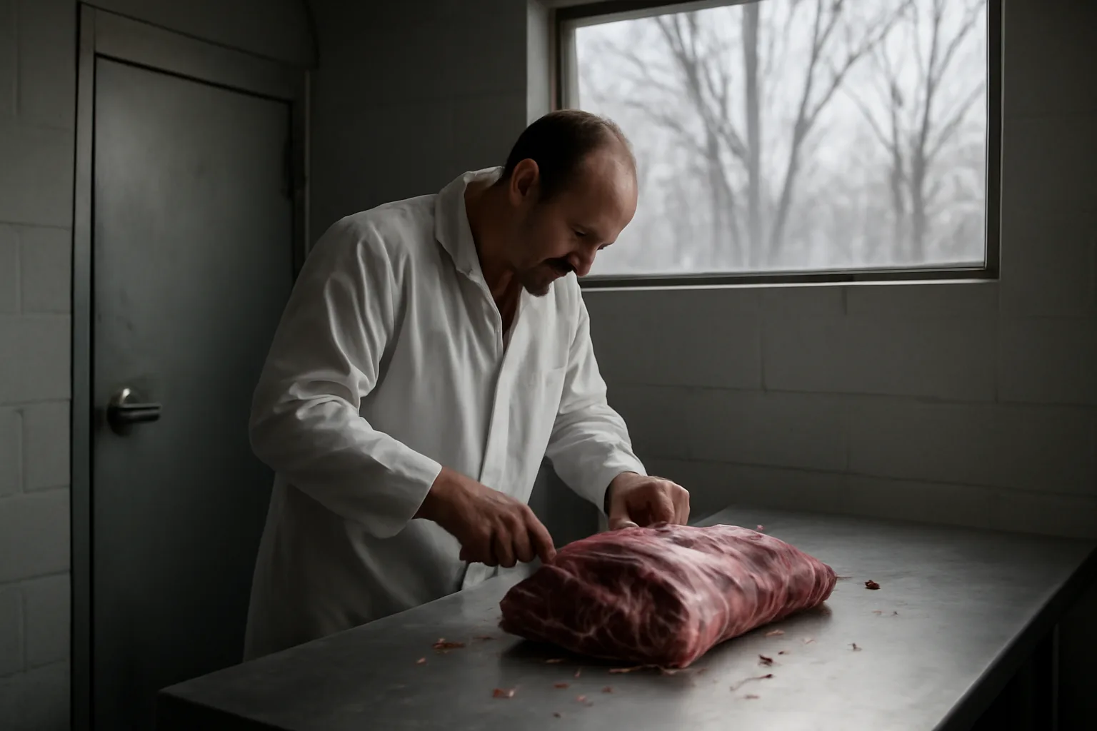 Butcher trimming beef in a Connecticut cut and wrap room
