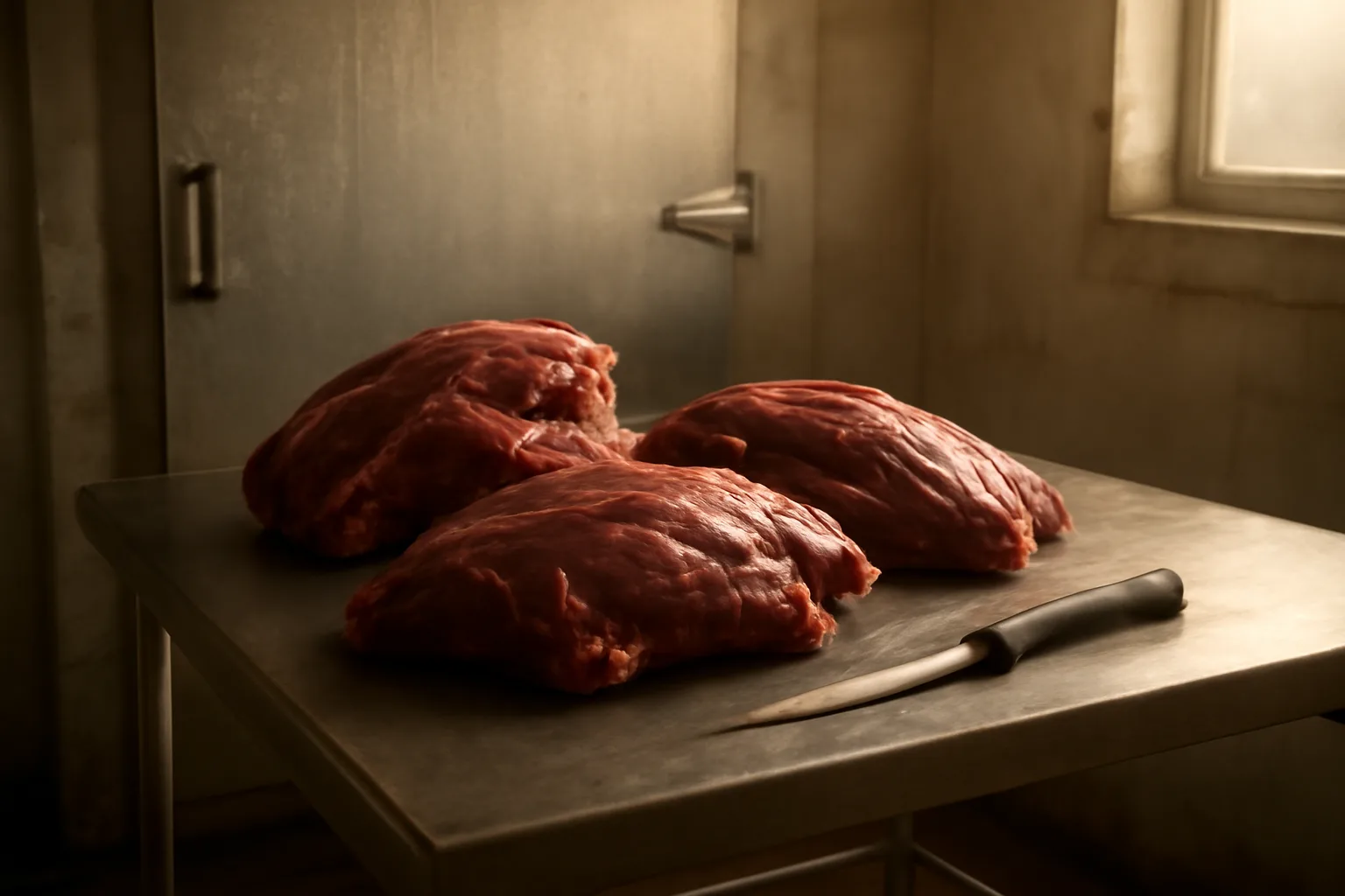 Venison cuts on a steel table in a Delaware cut and wrap room