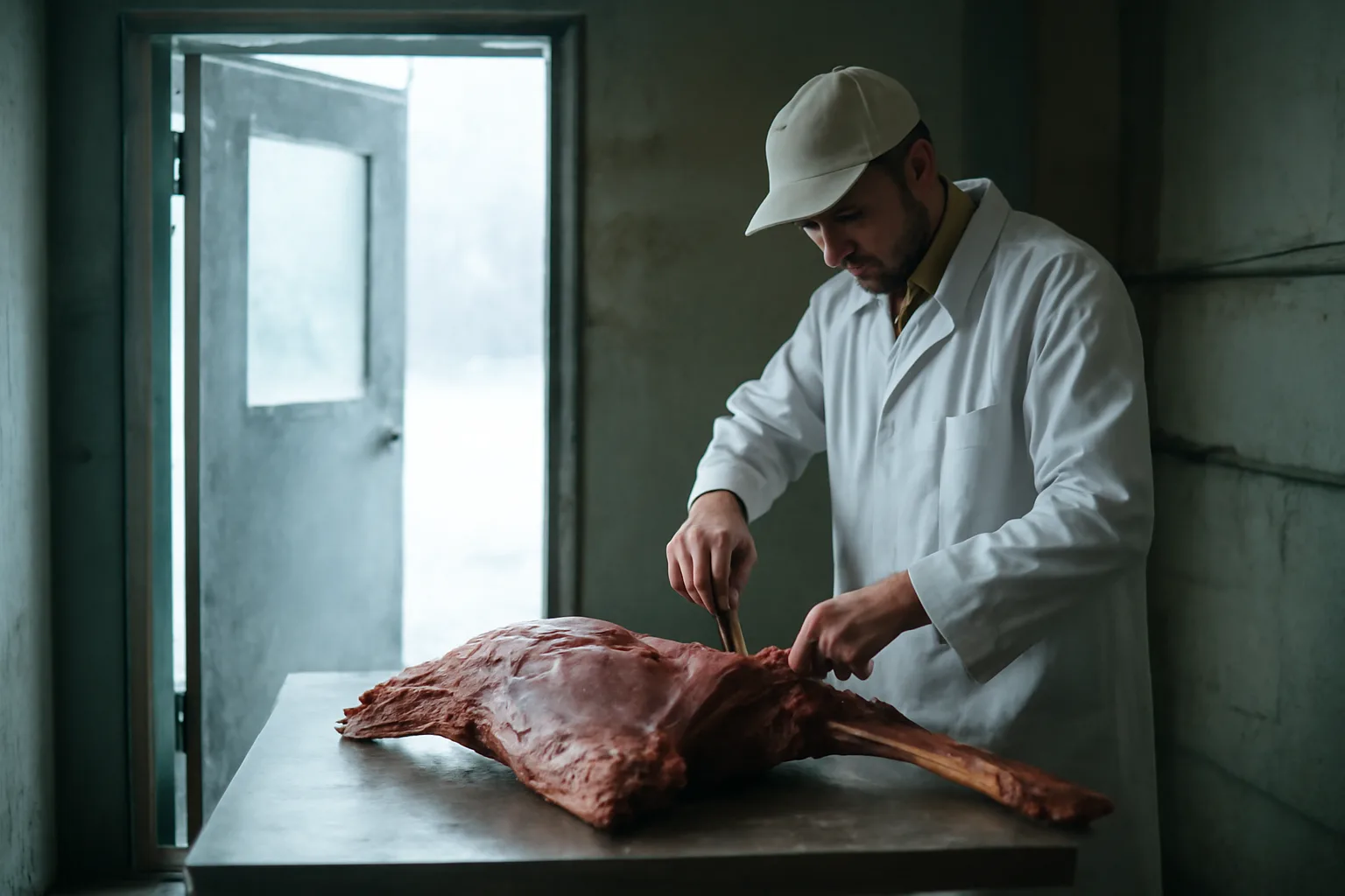 Butcher portions a deer hindquarter in a Georgia cut and wrap room