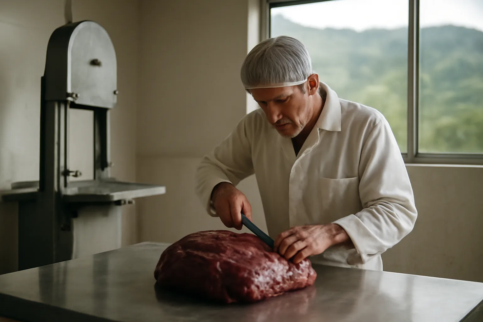 Butcher portions meat in a Hawaii cut and wrap room at dawn