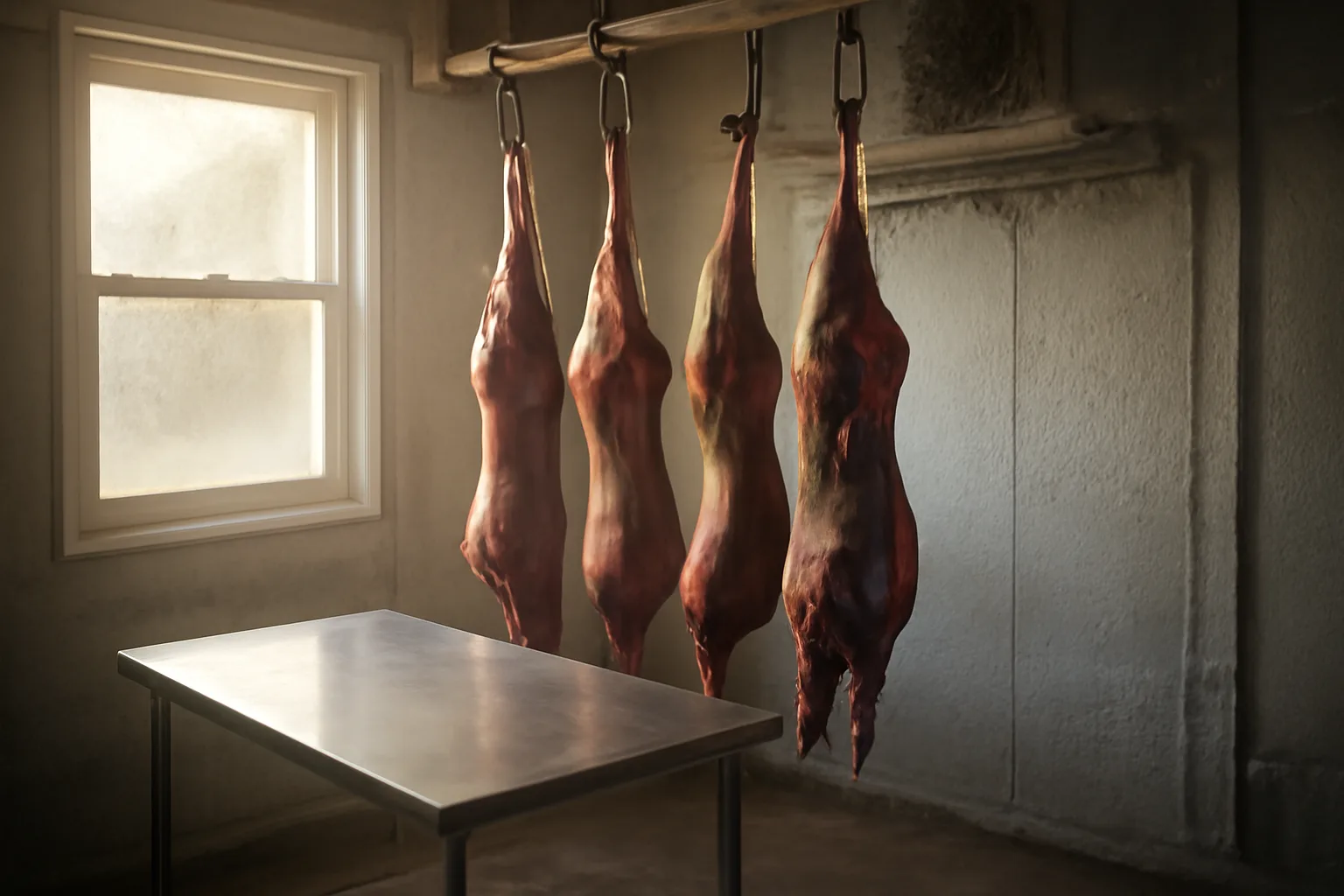 Deer hindquarters hanging in a Connecticut cut and wrap cooler