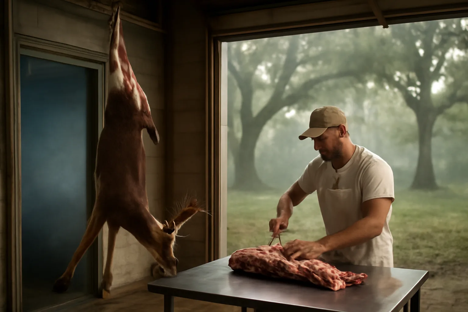 Cutter trimming a hanging deer in a Florida cut and wrap shop
