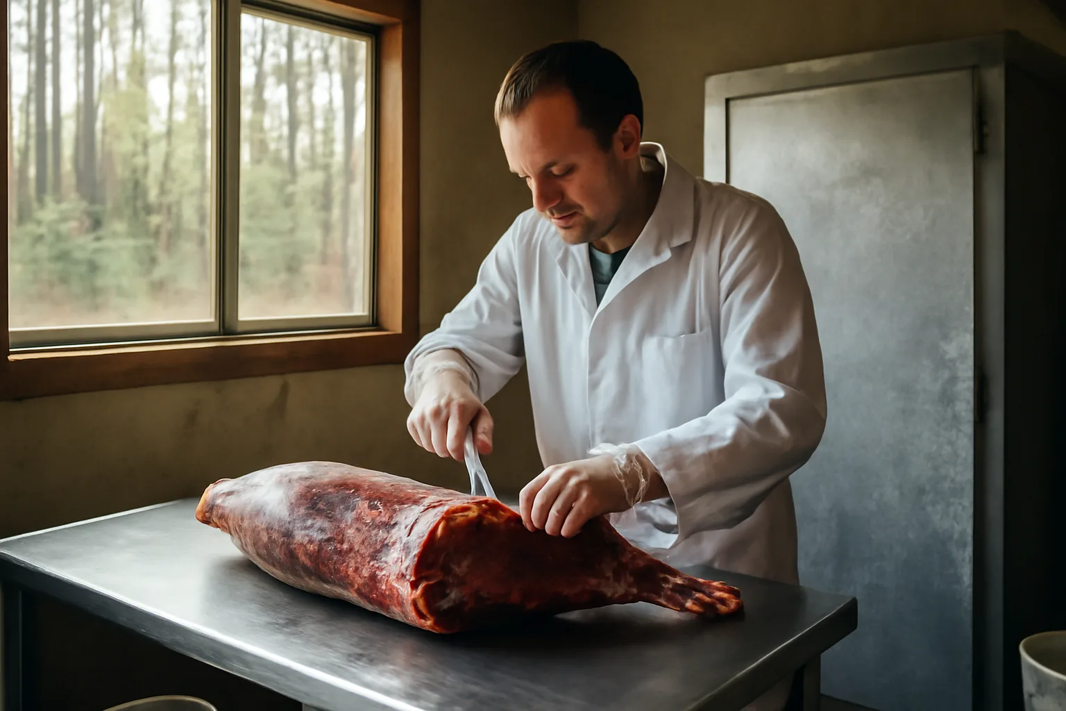 Butcher portions a deer hindquarter in a Georgia cut and wrap shop
