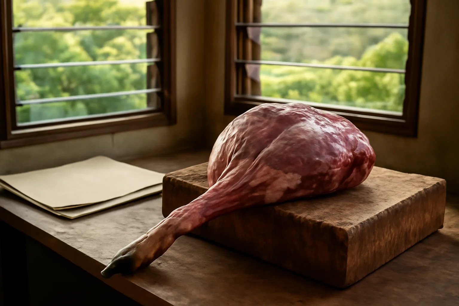 Axis deer hindquarter and butcher paper in a Maui cutting room