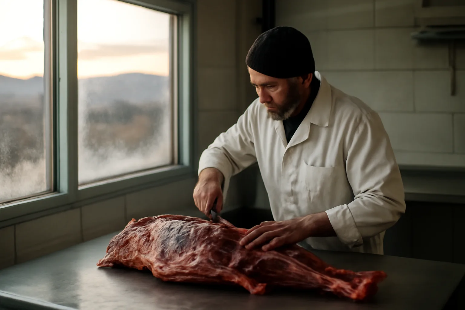 Butcher cutting elk in a Colorado cut and wrap plant