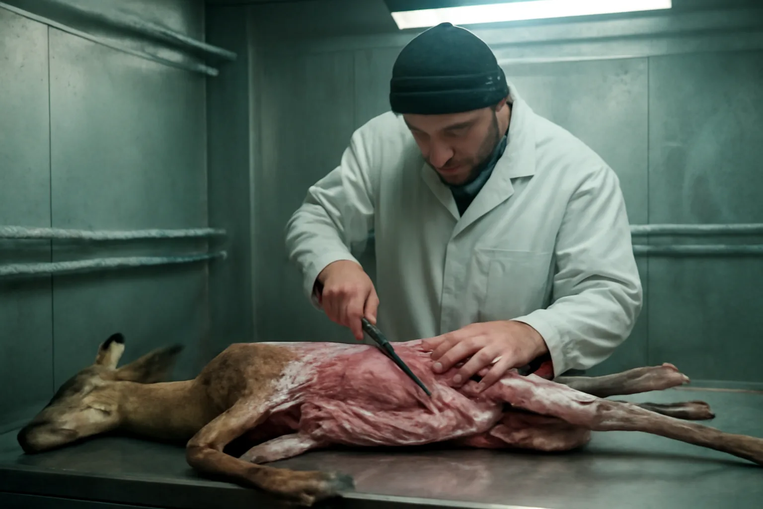 Butcher cutting a deer carcass in a Delaware cut and wrap cooler