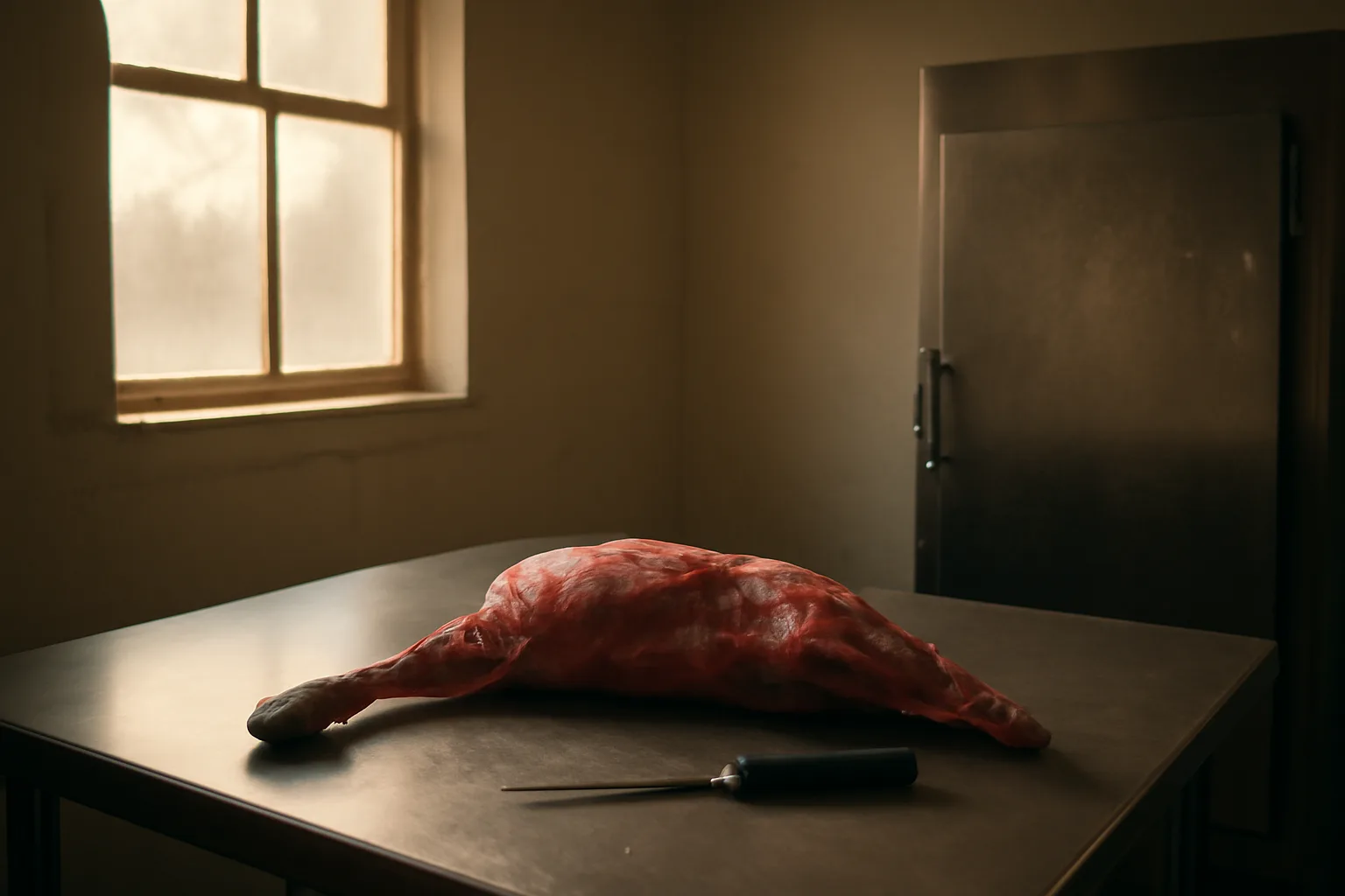 Deer hindquarter on a steel table in a Georgia cut and wrap room