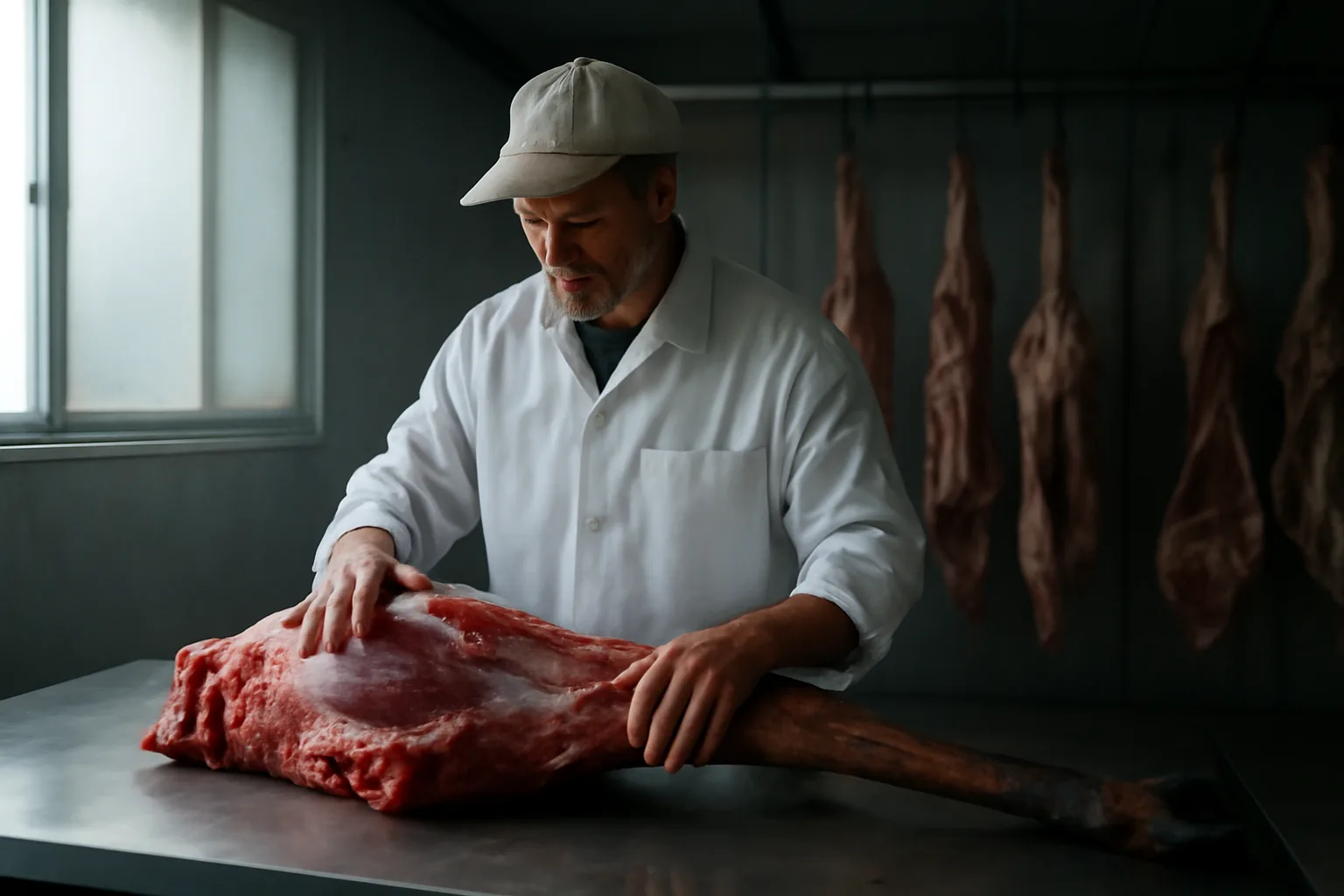 Butcher portions an elk quarter in a cold Idaho cut and wrap room