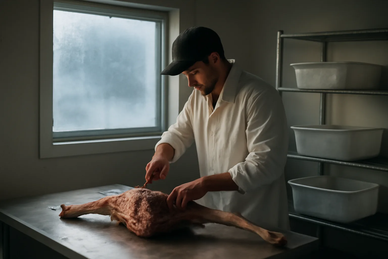 Worker breaking down elk in a Colorado cut and wrap room