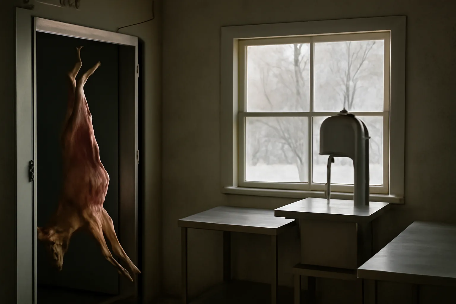 Deer carcass hanging in a Connecticut cut and wrap cooler