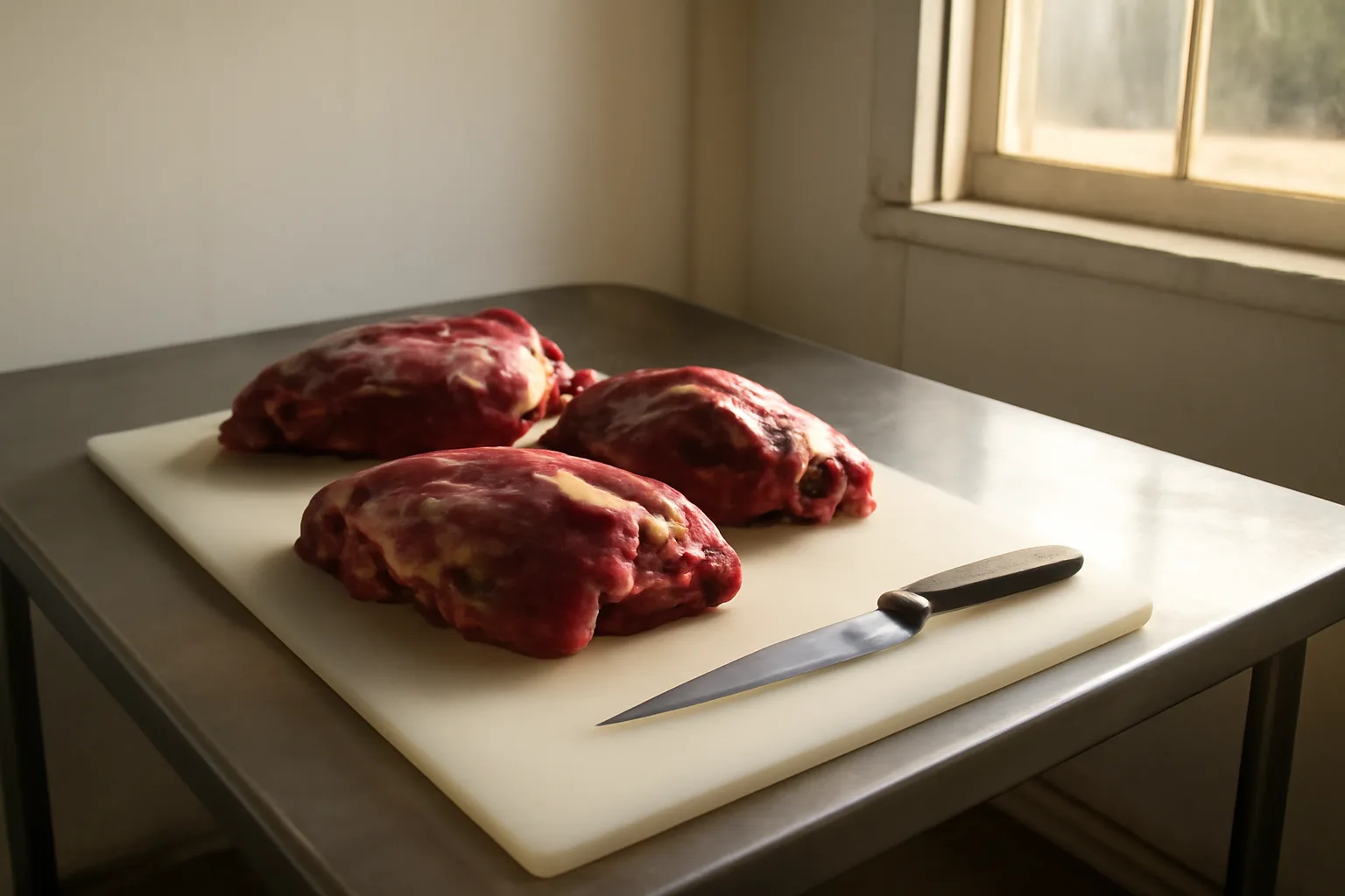 Venison quarters on a steel table in a Delaware cut and wrap room