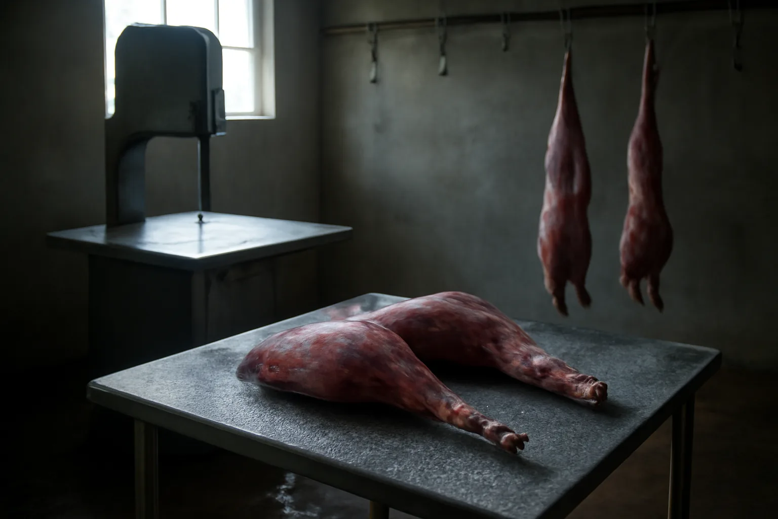 Deer quarters on a steel table in a Georgia cut and wrap room