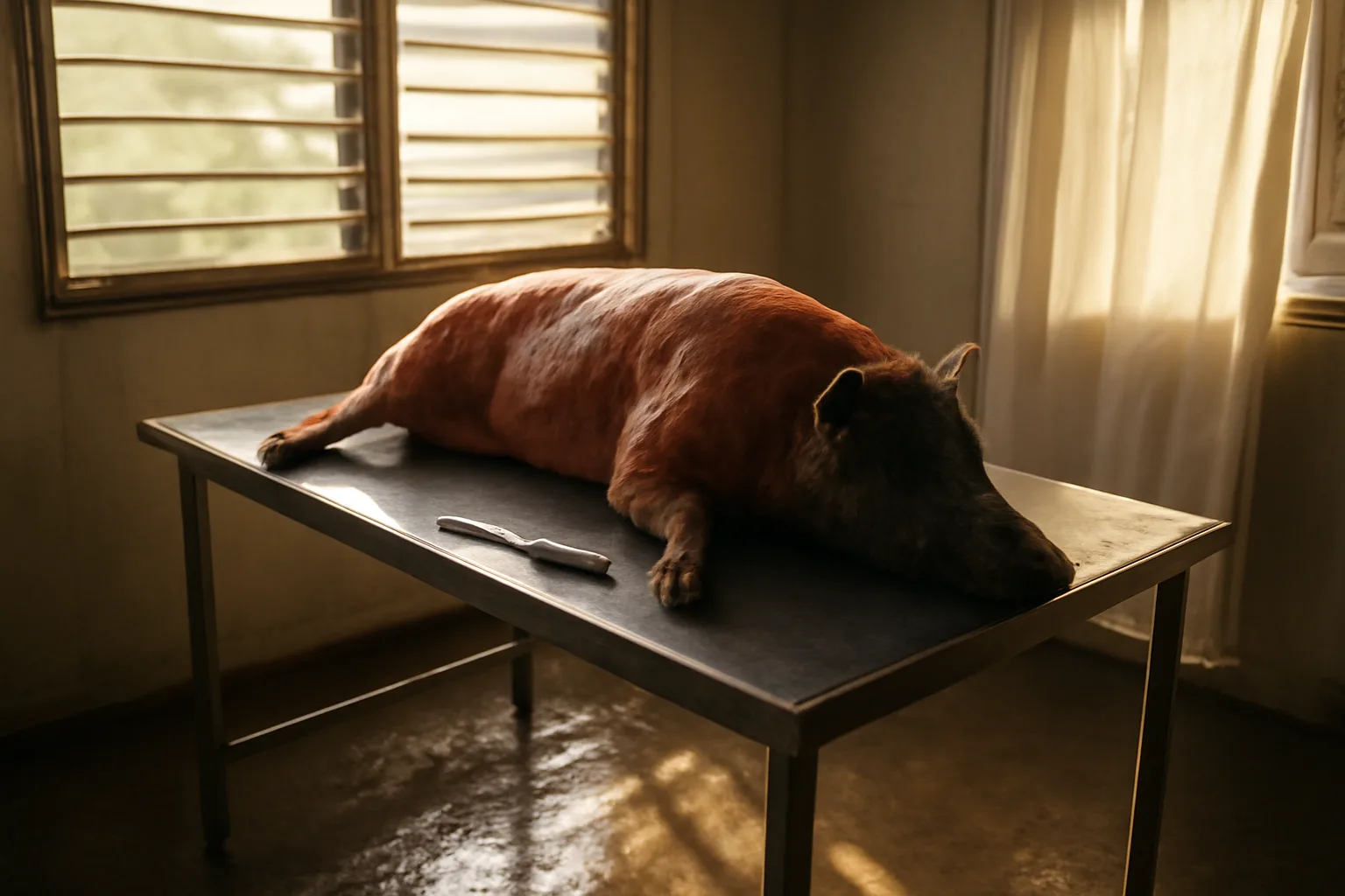 Feral pig on a steel table in a Maui cut and wrap room