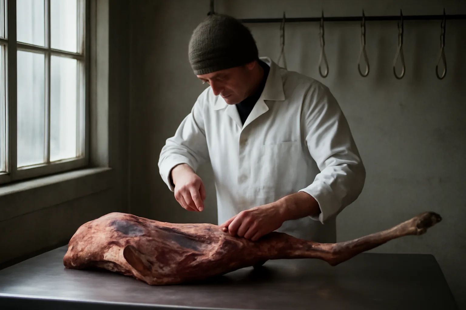 Butcher trimming venison on stainless steel in a Connecticut cut and wrap room
