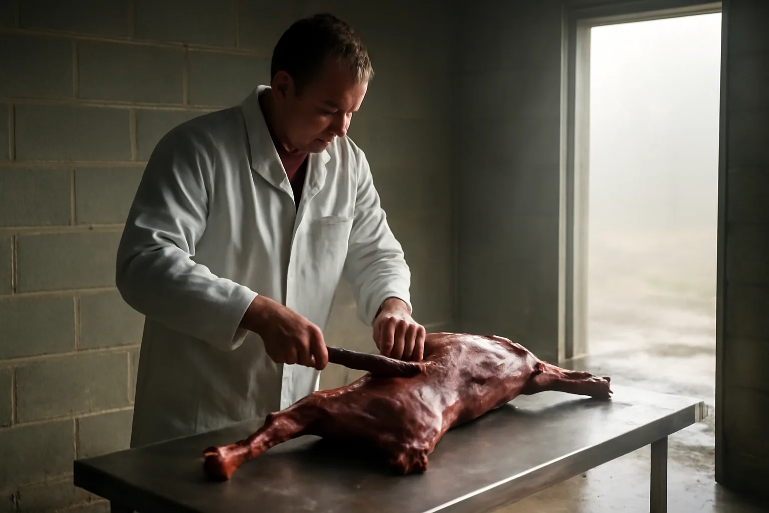 Butcher cutting a deer shoulder in a Delaware farm shop