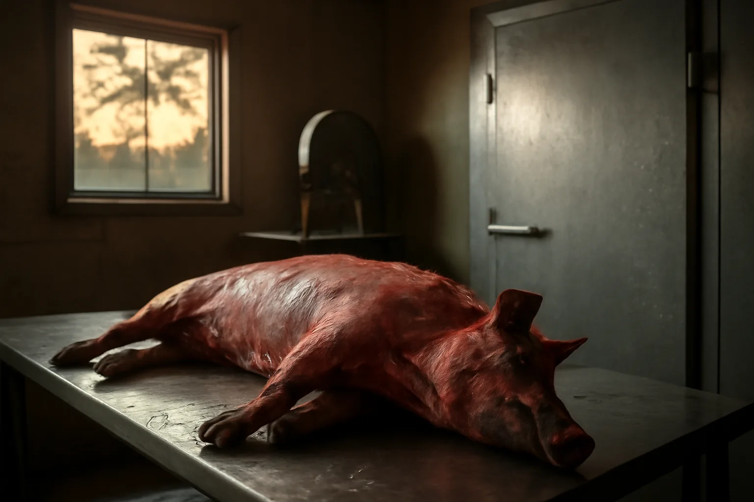 Skinned hog on a steel table in a Florida cut and wrap room