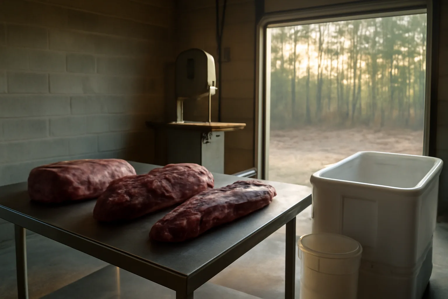 Venison primals on a steel table in a Georgia cut and wrap room