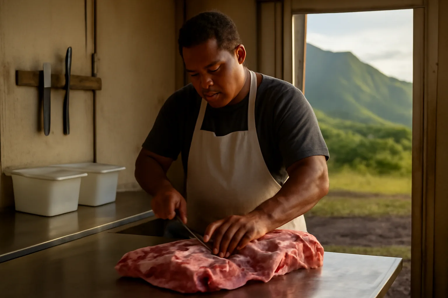 Butcher breaking pork for cut and wrap in Hawaii morning light